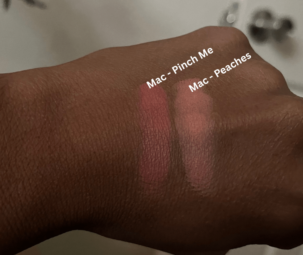 Hand Swatches of the Mac blush colors peaches and pinch me swatched on brown skin.