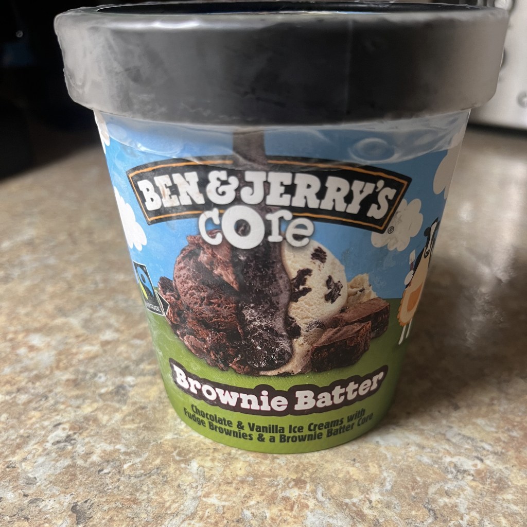 Ben and Jerrys Ice cream container in the flavor Brownie Batter.
