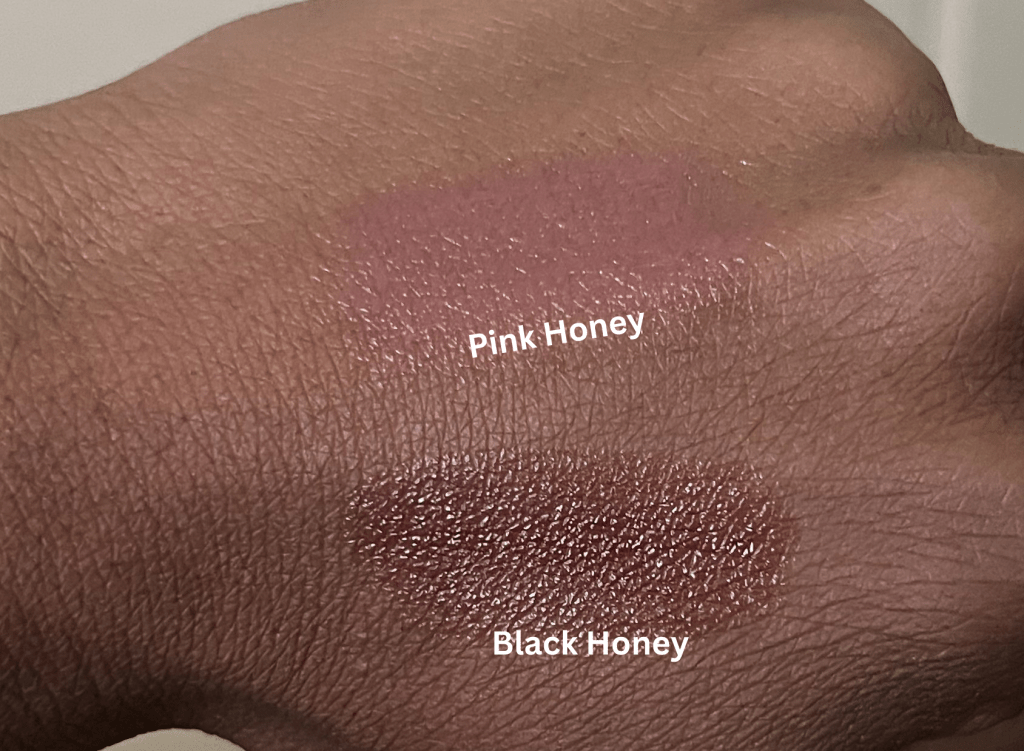 Clinique Pink Honey and Black Honey Swatched on deep skin.