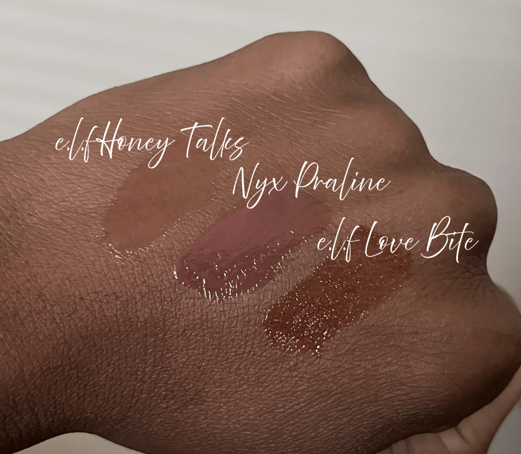 e.l.f. Honey Talks lip oil
Nyx Praline
e.l.f. Love Bite swatched on brown skin.