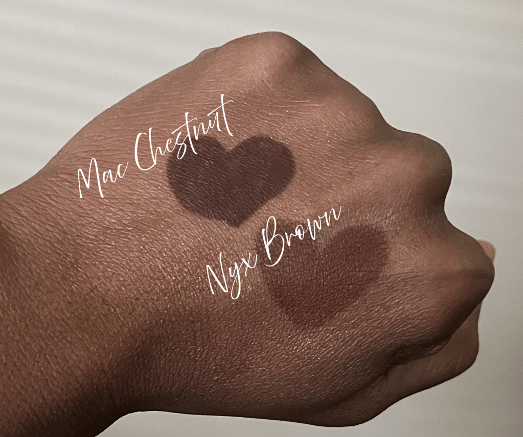 Mac Chestnut and Nyx Brown lipliners swatched on brown skin.