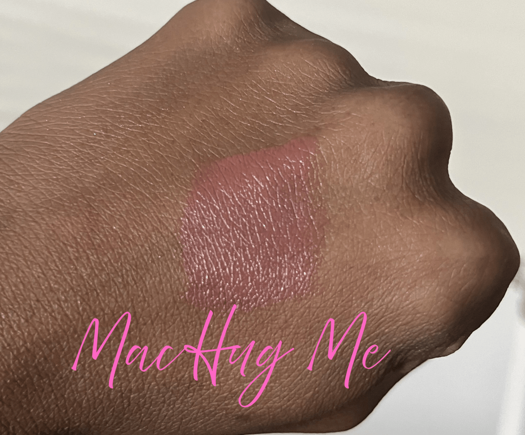 Mac Hug Me lipstick swatched on brown skin.