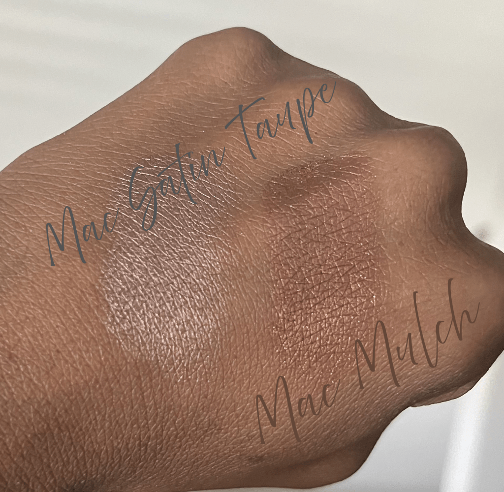 Mac Satin Taupe and Mac Mulch swatched on brown skin.