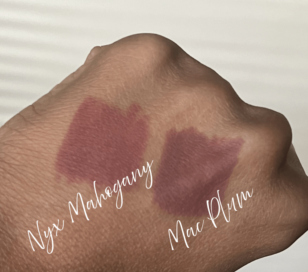 Mac Plum and Nyx Mahogany swatched on brown skin.