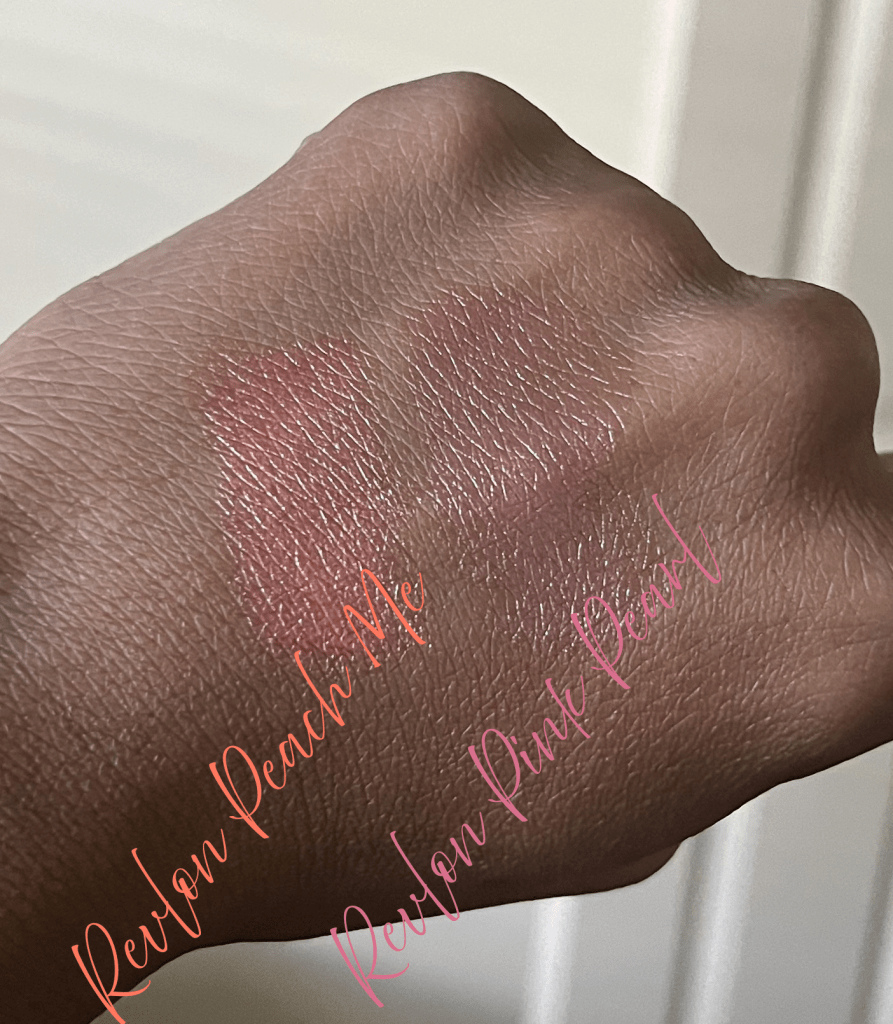 Revlon Peach Me and Revlon Pink Pearl lipsticks from Superlustrous line swatched on brown skin.